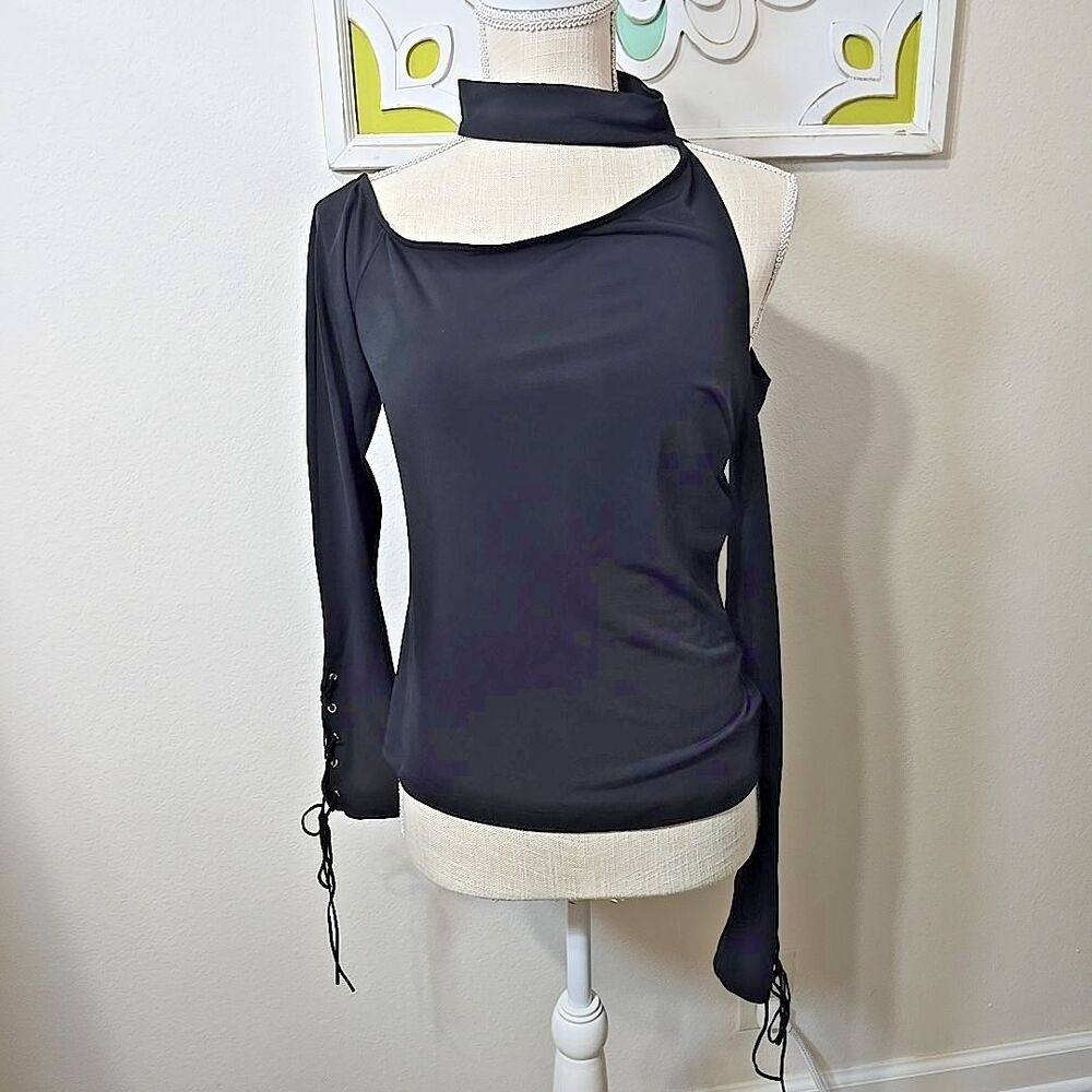 Frederick's Of Hollywood Black Off Shoulder Choker Blouse Top XL Lace-Up Sleeve